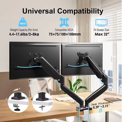 Dual Monitor Stand – Fully Adjustable Desk Mount with C-Clamp for 13" to 32" Screens